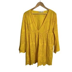 Zara Large Yellow Eyelet Button Front Tunic Mini Dress Cottagecore Boho
